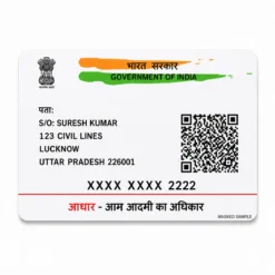 Masked Aadhaar PVC card reverse with fictional Lucknow address and nonfunctional QR