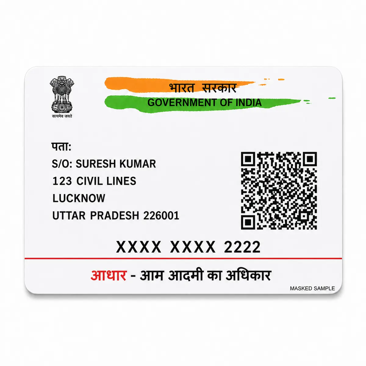 Masked Aadhaar PVC card reverse with fictional Lucknow address and nonfunctional QR
