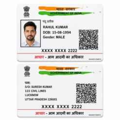 Masked Aadhaar PVC card front and back sample views with hidden first eight digits