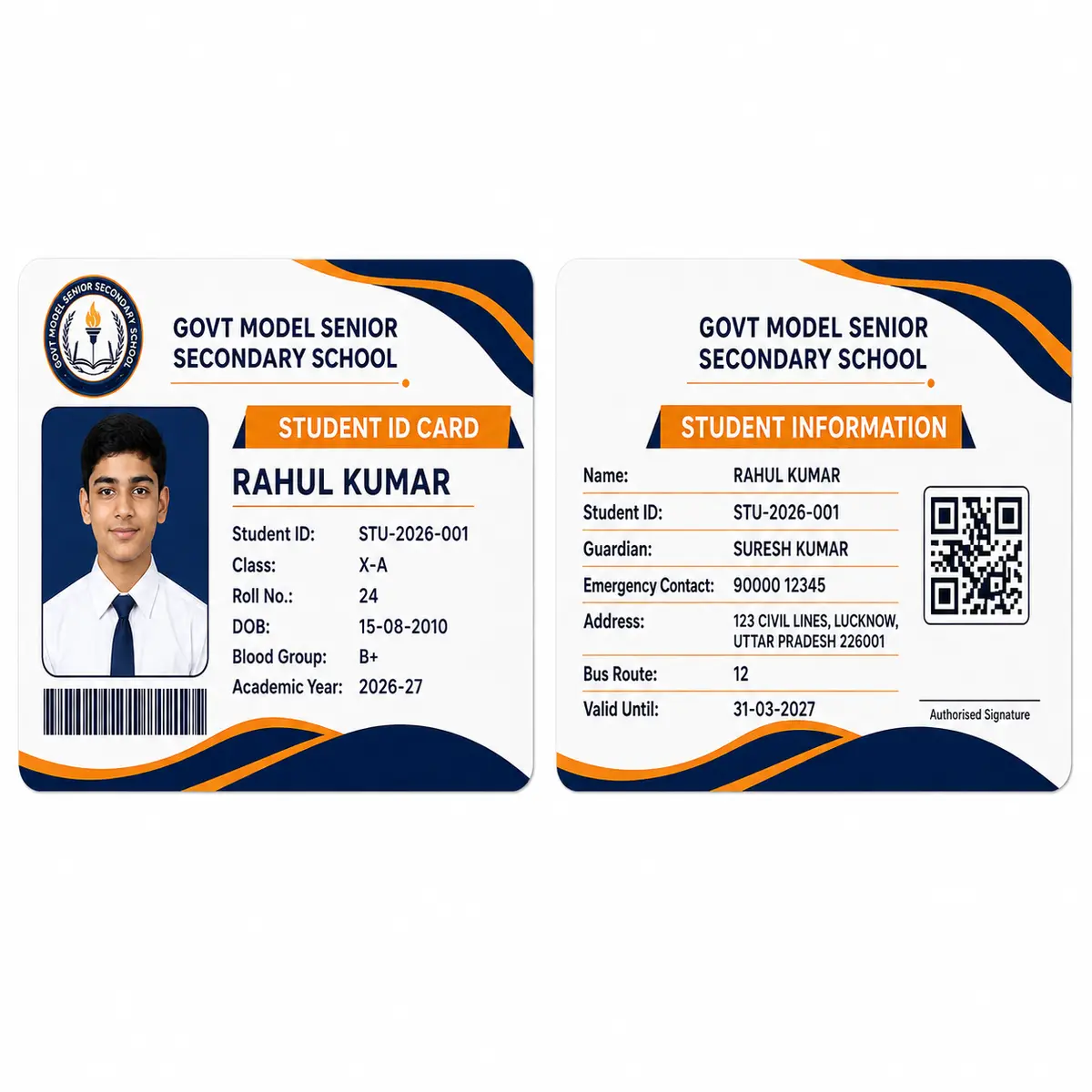 School Student PVC ID card front and reverse comparison