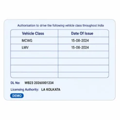 West Bengal PVC driving licence reverse vehicle class table
