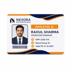 Straight front view of a business PVC ID card for fictional employee Rahul Sharma
