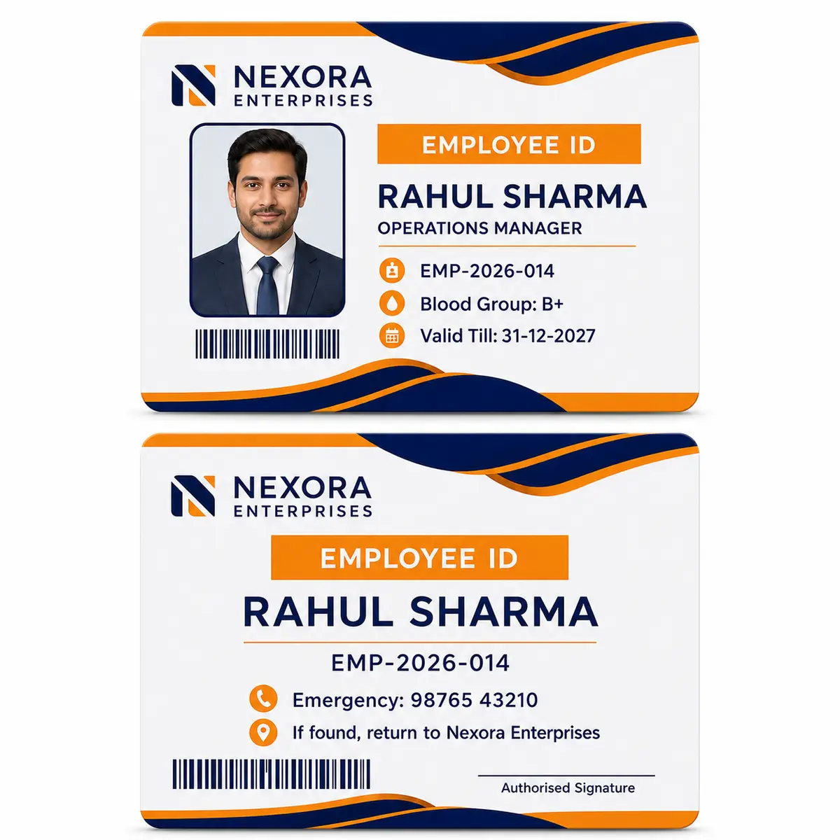 Front and reverse comparison of a fictional business PVC ID card
