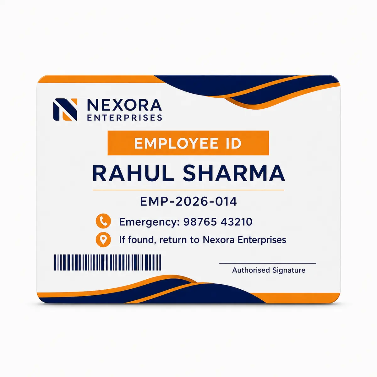 Reverse view of a business PVC ID card for fictional employee Rahul Sharma