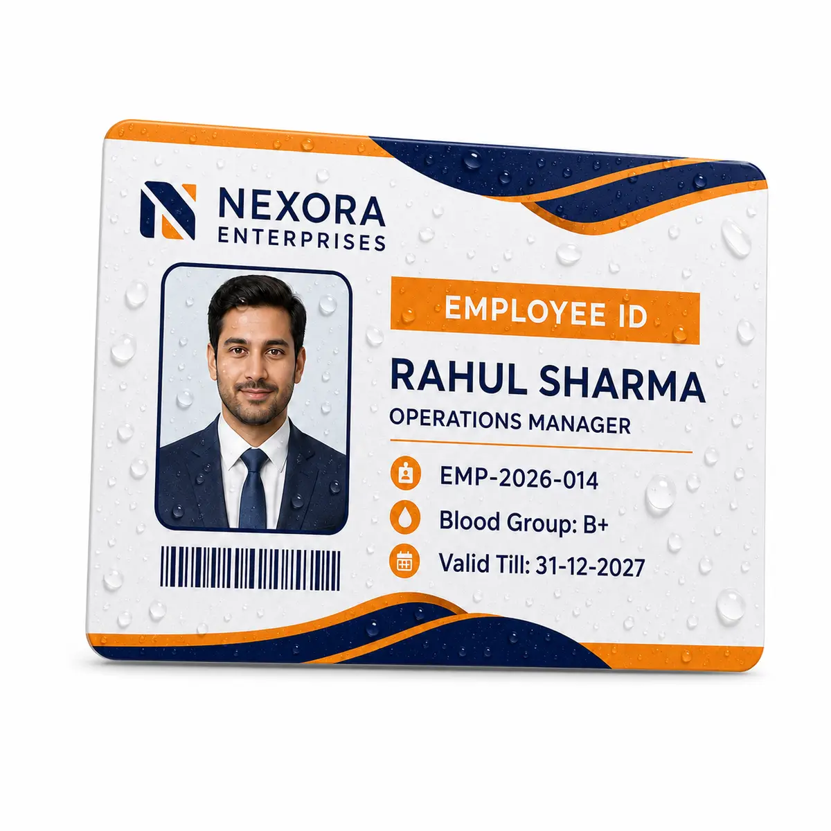 Water droplets on a fictional business PVC ID card