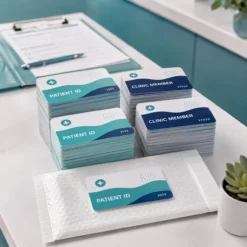 Custom clinic patient cards shown in bulk pack quantities