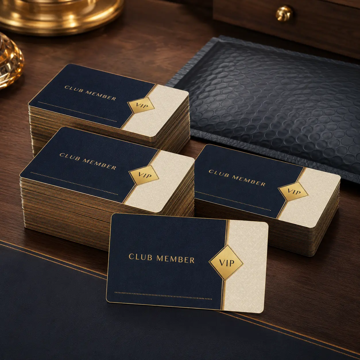 Premium club membership cards shown in bulk pack quantities