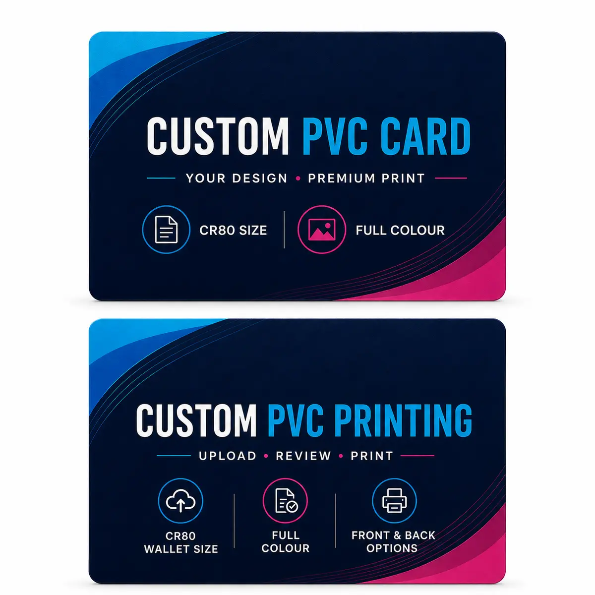 Front and reverse comparison of a custom PVC printing card