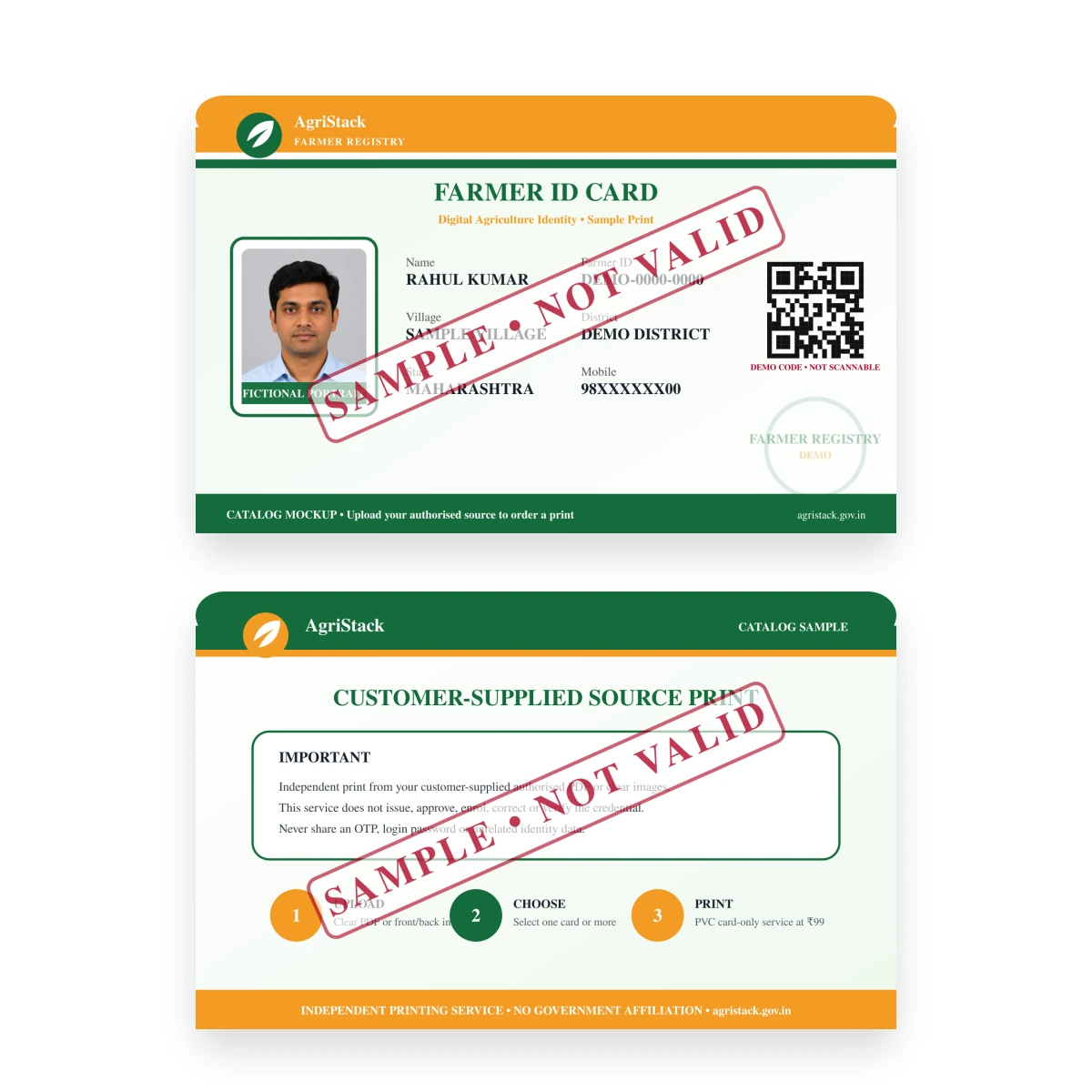 FARMER ID CARD sample front and reverse shown at equal size
