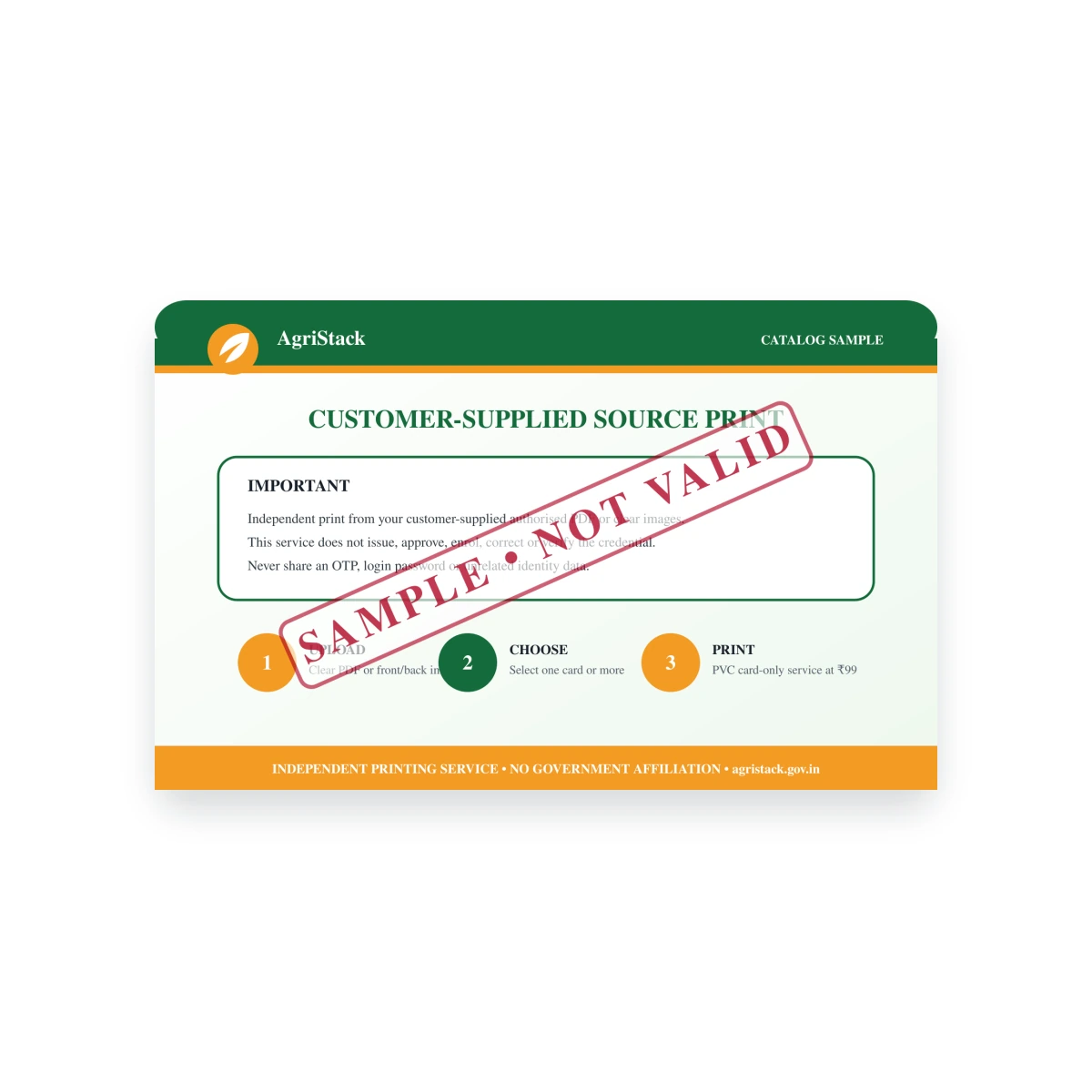 FARMER ID CARD sample reverse with independent printing notice
