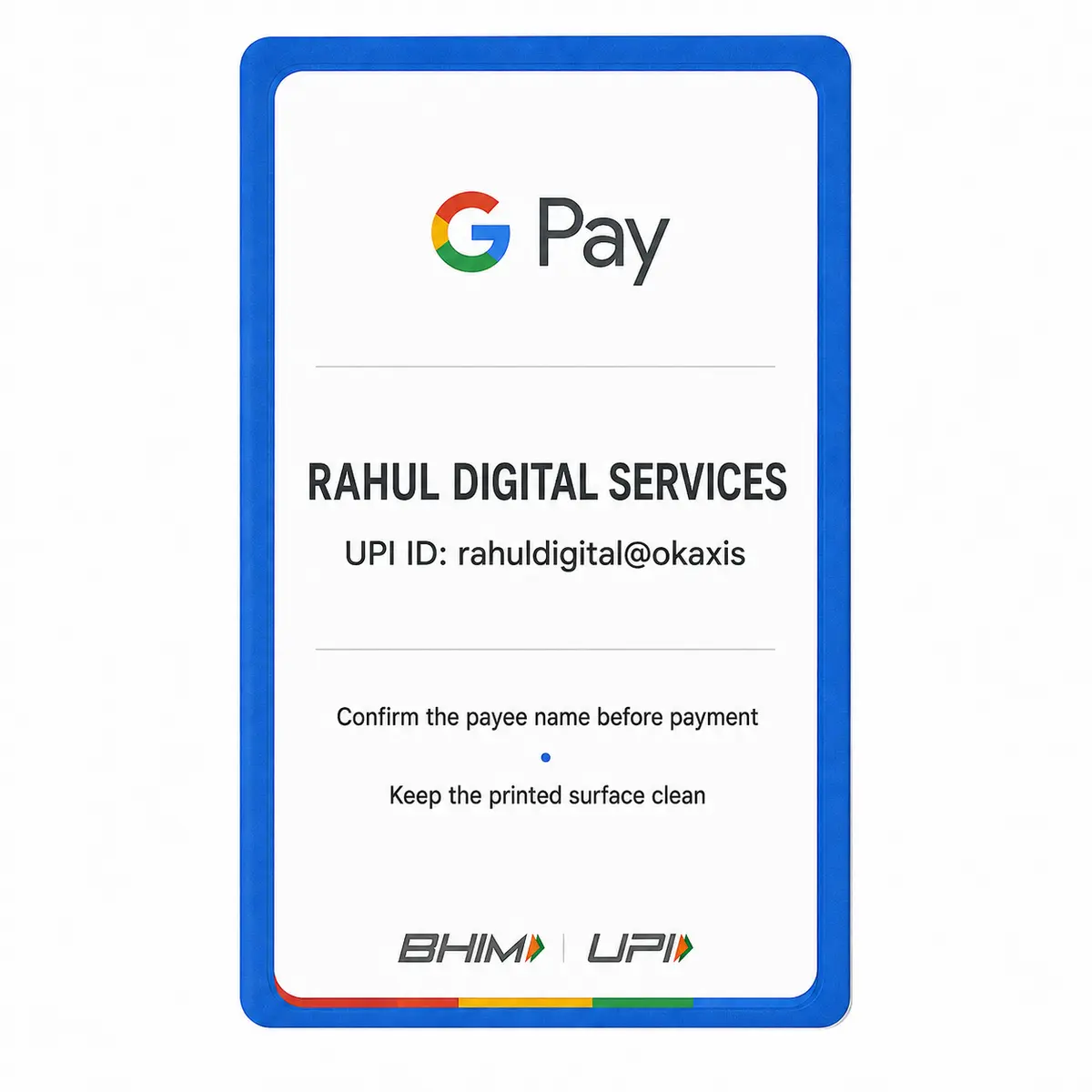 Portrait Google Pay QR PVC card reverse with merchant name and UPI ID