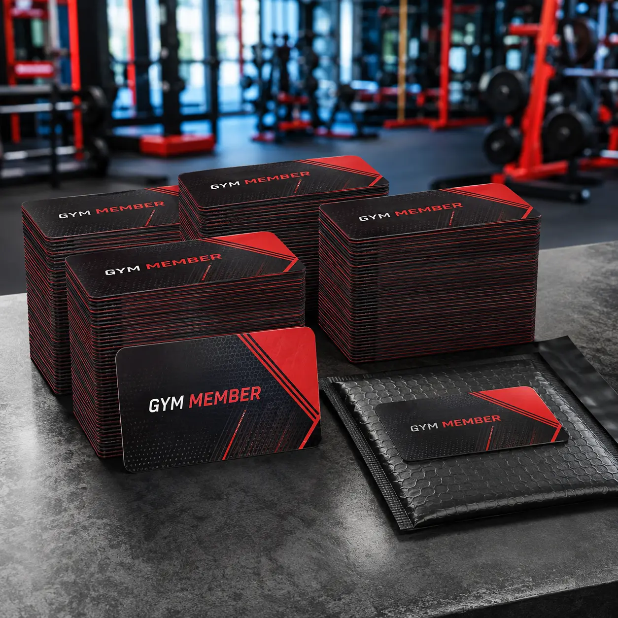 Custom gym membership cards shown in bulk pack quantities