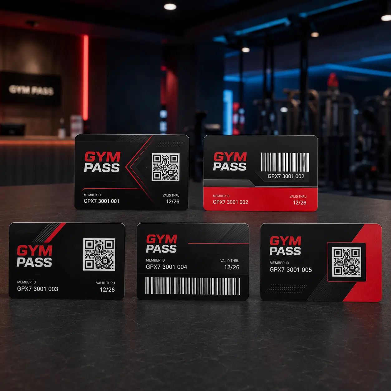 Gym membership card design options with barcode and QR code