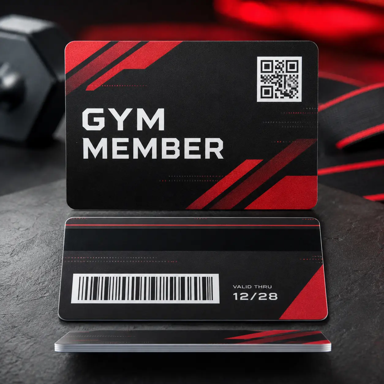 Front and back views of a custom PVC gym membership card