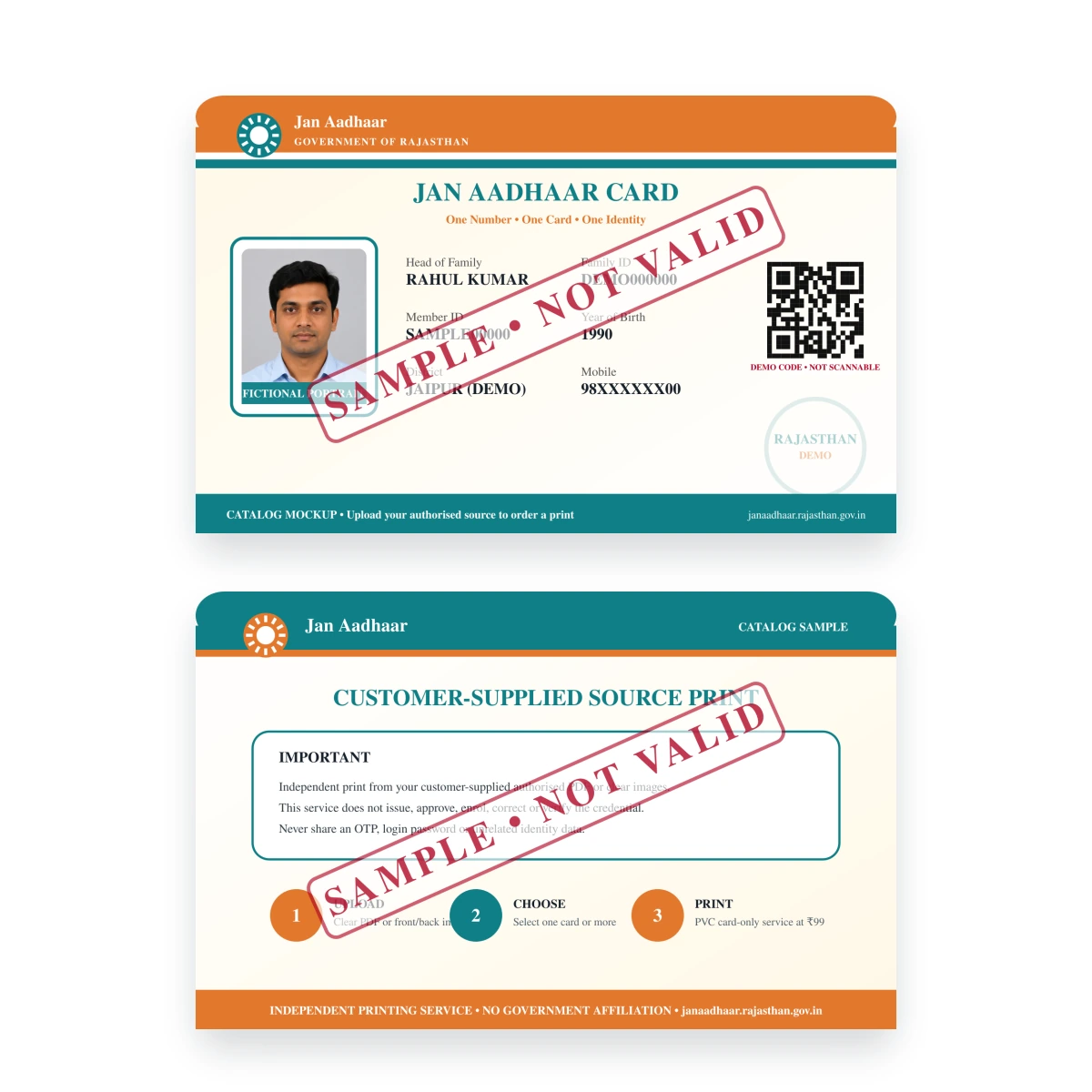 JAN AADHAAR CARD sample front and reverse shown at equal size