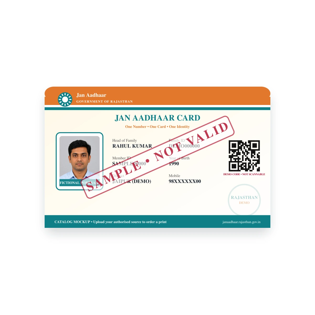 JAN AADHAAR CARD sample front on a white background