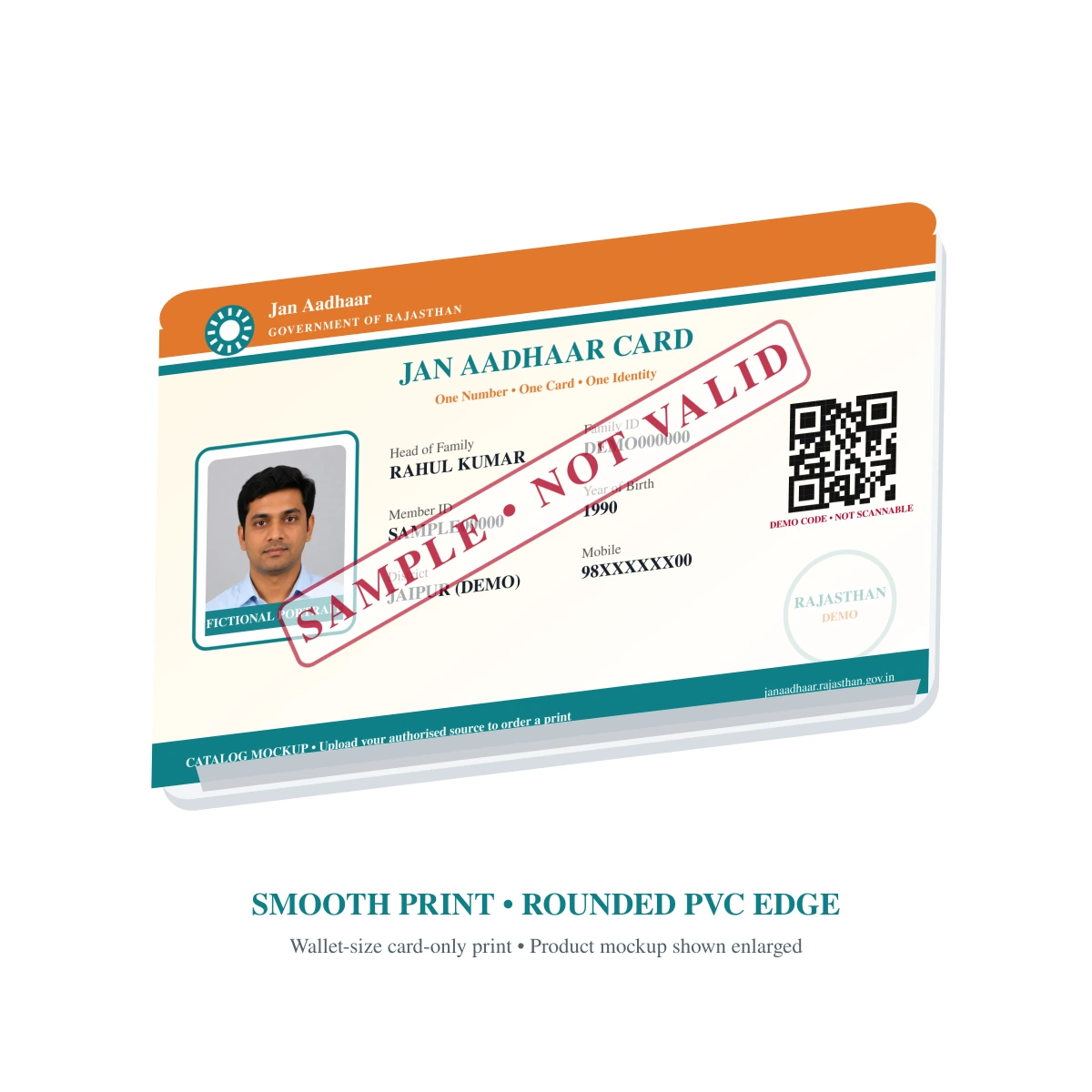 JAN AADHAAR CARD smooth print surface and rounded PVC edge sample
