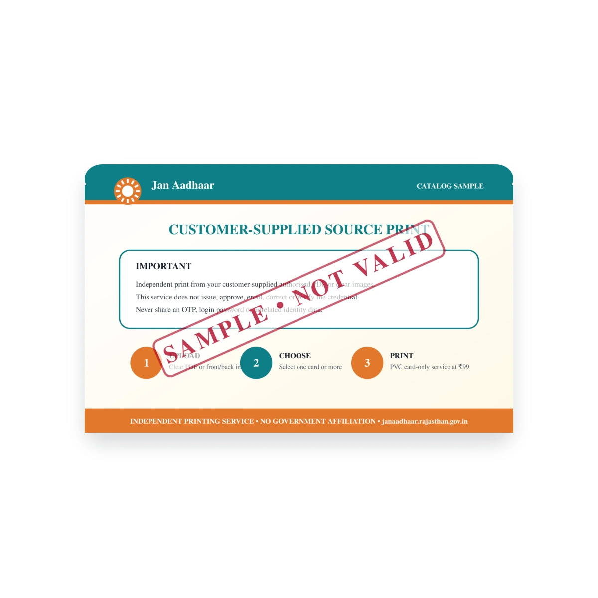 JAN AADHAAR CARD sample reverse with independent printing notice