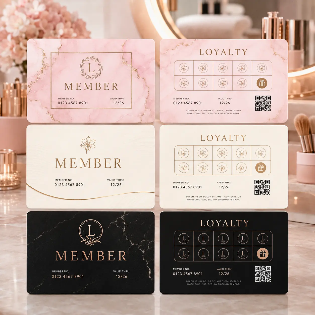 Salon loyalty card design options with QR code and reward grid