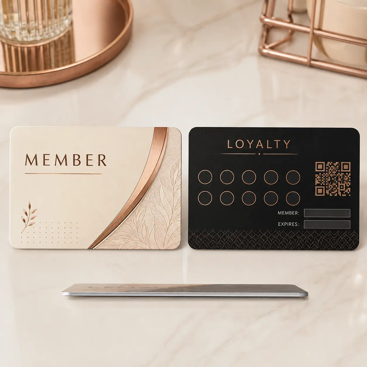 Front and back views of a custom PVC salon membership card