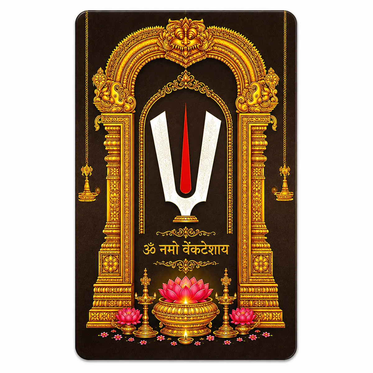 Tirupati Balaji devotional PVC card reverse with sacred namam and temple motifs