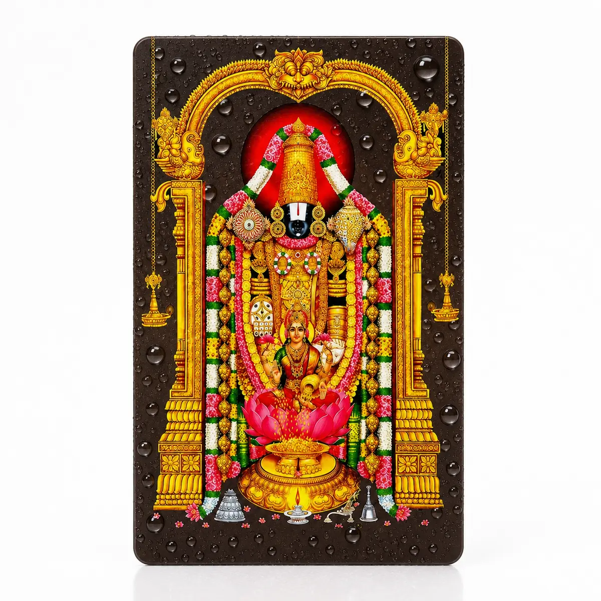 Water droplets on a Tirupati Balaji devotional PVC card