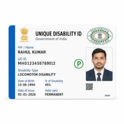Straight front view of a fictional UDID PVC card with Rahul Kumar details