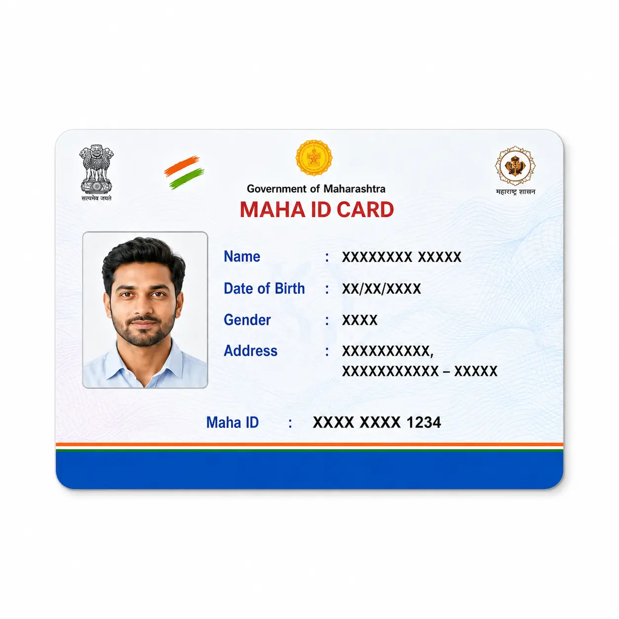 Maha ID PVC card print front view with masked fictional details